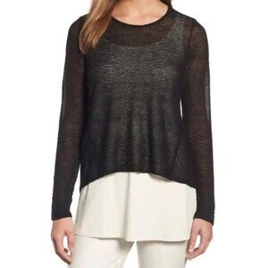 Eileen Fisher Black Textured Hemp Sheer Knit High Low Sweater Size Small Flaw